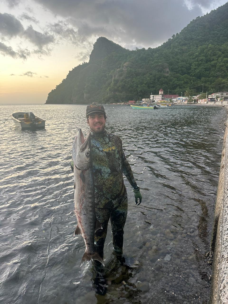 Diver with barracuda at sunset